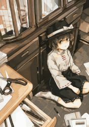 Rule 34 | 1girl, against object, alternate costume, black hat, black skirt, book, brick floor, brown eyes, brown hair, cabinet, calf socks, commentary request, desk, eraser, expressionless, from above, hand on own thigh, hat, hat ribbon, high-waist skirt, highres, japanese clothes, kariginu, long sleeves, looking at viewer, looking up, no shoes, on floor, open drawer, paper stack, pen, ribbon, ribbon-trimmed skirt, ribbon-trimmed sleeves, ribbon trim, scissors, shirt, short hair, sitting, sketch, skirt, solo, touhou, usami renko, wariza, wasabisuke, white legwear, white shirt