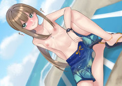 Rule 34 | absurdres, anklet, arm rest, beach, beach towel, blue male swimwear, blue shorts, blue swim trunks, blush, breasts, brown hair, closed mouth, cloud, commission, crossdressing, day, drawstring, dutch angle, exhibitionism, flip-flops, full-face blush, fypuita, green eyes, hair between eyes, hair over one eye, heart, highres, idolmaster, idolmaster cinderella girls, jewelry, knee up, long hair, male swimwear, male swimwear challenge, navel, necklace, nervous, nipples, ocean, outdoors, palm tree print, pixiv commission, ponytail, print male swimwear, print swim trunks, print swimsuit, public indecency, sandals, shibuya rin, shorts, sidelocks, sitting, sky, small breasts, smile, solo, swim trunks, swimsuit, topless, towel, translated, very long hair, watch, wristwatch