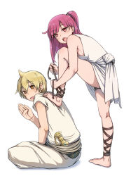 Rule 34 | 1boy, 1girl, ali baba saluja, ankle lace-up, ankle wrap, anklet, bad id, bad pixiv id, barefoot, blonde hair, brown eyes, cross-laced footwear, dirty, dirty feet, feet, hair ornament, jewelry, long hair, magi the labyrinth of magic, morgiana, nucomas, open mouth, purple eyes, purple hair, red eyes, red hair, shoes, short hair, side ponytail, simple background, sitting, stepped on, tying, white background, yellow eyes