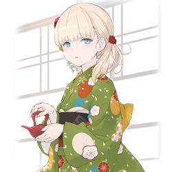 Rule 34 | 1girl, blonde hair, blue eyes, blunt bangs, commentary request, cowboy shot, floral print, green kimono, hair over shoulder, japanese clothes, kantai collection, kimono, long hair, looking at viewer, official alternate costume, sakana (flame sakana), shin&#039;you (kancolle), solo, teapot