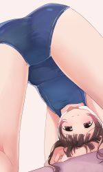 Rule 34 | 1girl, all fours, ass, blue one-piece swimsuit, blunt bangs, blush, breasts, brown eyes, brown hair, highres, hiroki (yyqw7151), kneeling, looking at viewer, navel, one-piece swimsuit, original, school swimsuit, short hair, simple background, small breasts, solo, swimsuit, white background