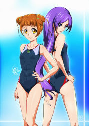 Rule 34 | 2girls, abs, aono miki, back-to-back, black one-piece swimsuit, blue background, blue eyes, brown hair, commentary request, competition swimsuit, cone hair bun, cowboy shot, dokidoki! precure, double bun, flat chest, fresh precure!, gradient background, hair bun, hands on own hips, long hair, looking at viewer, multiple girls, one-piece swimsuit, precure, purple hair, short hair, signature, smile, swimsuit, tomo5656ky, yellow eyes, yotsuba alice