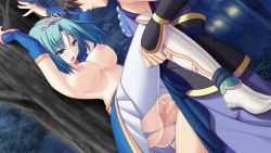 Rule 34 | 1girl, armpits, arms up, ayase hazuki, breasts, censored, forest, game cg, green hair, kamidere, large breasts, leg up, legs, looking down, nature, nipples, no panties, open mouth, penis, purple eyes, pussy, sex, short hair, skirt, standing, thighs, topless, torn clothes, tree, vaginal, white legwear