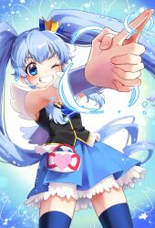 Rule 34 | 1girl, absurdres, blue background, blue eyes, blue hair, blue skirt, blue theme, blue thighhighs, brooch, commentary, crown, cure princess, earrings, hair ornament, happinesscharge precure!, heart, heart brooch, highres, jewelry, long hair, looking at viewer, magical girl, mayako0706, mini crown, pointing, precure, skirt, smile, solo, thighhighs, twintails, vest, wing brooch, wing earrings, wrist cuffs
