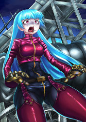 Rule 34 | 1girl, ass, belt, blue hair, bodysuit, breasts, female focus, gloves, highres, injury, kula diamond, long hair, open mouth, pain, pants, punching, purple eyes, ryona, saliva, shiny clothes, snk, soramin, stomach punch, tears, the king of fighters, tight clothes, tight pants, turn pale, very long hair, violence, zipper