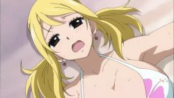 Rule 34 | 1girl, animated, animated gif, beach, bikini, blonde hair, blush, breasts, breath, brown eyes, cleavage, earrings, fairy tail, large breasts, lucy heartfilia, lying, on back, open mouth, solo, sweat, swimsuit, tagme, twintails, upper body