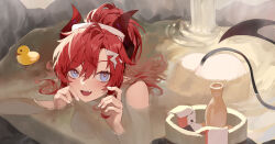 Rule 34 | 1girl, absurdres, alcohol, bathing, blue archive, blue eyes, demon horns, demon tail, drum bath, fang, highres, horns, linnnp, megu (blue archive), onsen, partially submerged, pointy ears, ponytail, red hair, revision, rubber duck, sake, sidelocks, skin fang, solo, swept bangs, tail, towel, towel on head