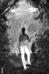 Rule 34 | 1boy, camera, commentary, english commentary, evan cagle, faceless, faceless male, forest, greyscale, holding, leaf, male focus, monochrome, nature, original, outdoors, pants, pond, shirt, tree, untucked shirt, writing