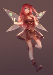 Rule 34 | 1girl, blue eyes, breasts, brown dress, bug, butterfly, butterfly wings, cleavage, dress, gradient background, hand on own shoulder, highres, insect, insect wings, kyurin (sunnydelight), long hair, one side up, original, red hair, side ponytail, small breasts, smile, solo, wings