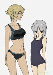 Rule 34 | 2girls, :t, arms behind back, artist name, bikini, blonde hair, blunt bangs, blush, brave witches, breasts, cleavage, closed mouth, collarbone, contrapposto, cowboy shot, edytha rossmann, gluteal fold, grey background, grey hair, groin, groin tendon, hair between eyes, highres, long hair, looking to the side, medium breasts, monokuro graf, multiple girls, navel, school swimsuit, short hair, small breasts, smile, swimsuit, waltrud krupinski, white background, world witches series, yellow eyes