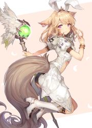 Rule 34 | 10s, 1girl, animal ears, blonde hair, boots, bracelet, cat ears, closed mouth, clothing cutout, crescent, extra ears, eyebrows, facial mark, fake animal ears, feathers, final fantasy, final fantasy xiv, flower, from side, full body, gem, gold trim, hair flower, hair ornament, hairband, high heel boots, high heels, holding, holding staff, jewelry, knee boots, lace-trimmed sleeves, lace trim, long hair, looking at viewer, miqo&#039;te, momoko (momopoco), outstretched arm, puffy short sleeves, puffy sleeves, purple eyes, rabbit ears, ring, short sleeves, smile, solo, spikes, staff, stomach, tail, tail through clothes, tiara, warrior of light (ff14), white footwear