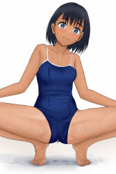 Rule 34 | 1girl, absurdres, black hair, blue eyes, blue one-piece swimsuit, blush, breasts, closed mouth, competition school swimsuit, dark-skinned female, dark skin, highres, kofune mio, looking at viewer, one-piece swimsuit, school swimsuit, short hair, simple background, small breasts, solo, spread legs, squatting, summertime render, swimsuit, tan, tanline, wet, white background, yenn8