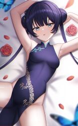 Rule 34 | 1girl, absurdres, armpits, arms up, bed sheet, black dress, black hair, blue archive, blush, bug, butterfly, butterfly hair ornament, china dress, chinese clothes, commentary request, double bun, dragon print, dress, flower, grey eyes, hair bun, hair ornament, halo, highres, insect, kisaki (blue archive), long hair, looking at viewer, lying, melreon, no panties, on back, parted lips, partial commentary, pelvic curtain, petals, presenting armpit, print dress, red flower, resolution mismatch, sleeveless, sleeveless dress, solo, source smaller, thighs, twintails