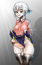 Rule 34 | 1futa, absurdres, belt, black eyes, bottomless, clothes lift, drooling, futanari, highres, large penis, licking lips, lip biting, luhuman, penis, shirt, skirt, skirt lift, solo, testicles, thick thighs, thighhighs, thighs, tongue, tongue out, white hair