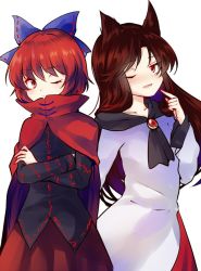 Rule 34 | 2girls, animal ears, bad id, bad twitter id, bow, brooch, brown hair, cape, crossed arms, disembodied head, dress, hair bow, imaizumi kagerou, jewelry, long hair, long sleeves, multiple girls, one eye closed, open mouth, red eyes, red hair, sekibanki, shirt, short hair, simple background, skirt, smile, touhou, uranaishi (miraura), wolf ears