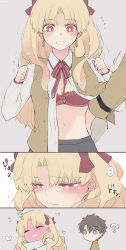 Rule 34 | 1boy, 1girl, ?, azumi (myameco), blonde hair, blue eyes, blush, bra, breasts, brown hair, commentary, drooling, earrings, ereshkigal (fate), fate/grand order, fate (series), fujimaru ritsuka (male), grey background, hair ribbon, heart, hetero, imagining, jewelry, long hair, looking at another, medium breasts, navel, neck ribbon, open clothes, red bra, red ribbon, ribbon, school uniform, short hair, symbol-only commentary, underwear