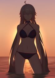 Rule 34 | 1girl, ahoge, backlighting, bikini, black bikini, black choker, breasts, choker, cleavage, contrapposto, fate/grand order, fate (series), hair between eyes, highres, jeanne d&#039;arc alter (swimsuit berserker) (fate), jeanne d&#039;arc (fate), jeanne d&#039;arc alter (fate), jeanne d&#039;arc alter (swimsuit berserker) (fate), long hair, looking at viewer, o-ring, o-ring bikini, outdoors, partially submerged, pisu, silver hair, solo, standing, sunset, swimsuit, very long hair, wading, water, yellow eyes