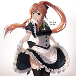 Rule 34 | 1girl, alternate costume, artist name, black ribbon, black thighhighs, bow, bow legwear, bowtie, breasts, brown hair, character name, cleavage, cleavage cutout, clothing cutout, commentary, cowboy shot, doki doki literature club, english commentary, enmaided, frills, gloves, gradient background, green bow, green bowtie, green eyes, hair ribbon, highres, long hair, looking at viewer, maid, medium breasts, monika (doki doki literature club), ponytail, puffy short sleeves, puffy sleeves, ribbon, sasoura, short sleeves, sidelocks, simple background, skirt hold, smile, solo, thighhighs, very long hair, white background, white gloves