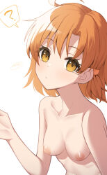 Rule 34 | 1girl, ?, binsen, blush, breasts, closed mouth, collarbone, hair ornament, hairclip, hand up, highres, idolmaster, idolmaster million live!, looking at viewer, navel, nipples, nude, orange eyes, orange hair, signature, simple background, small breasts, solo, spoken question mark, upper body, white background, yabuki kana