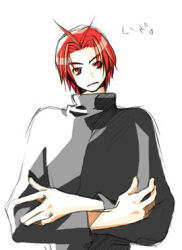 Rule 34 | 1boy, antenna hair, bad id, black jacket, character request, commentary request, copyright request, crossed arms, expressionless, high collar, jacket, long sleeves, looking to the side, lowres, male focus, red hair, rendezvous, short hair, simple background, solo, translation request, upper body, white background