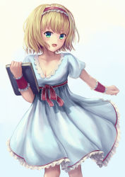 Rule 34 | 1girl, :d, alice margatroid, bad id, bad pixiv id, blonde hair, blue dress, book, breasts, cleavage, clenched hand, collarbone, cowboy shot, dress, frilled cuffs, frilled dress, frilled hairband, frills, green eyes, grimoire, hairband, lolita hairband, looking at viewer, multicolored background, ookashippo, open mouth, red hairband, sash, short hair, short sleeves, small breasts, smile, solo, touhou, wrist cuffs