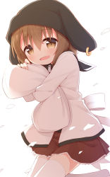 Rule 34 | 1girl, :d, animal ears, animal hat, ayanepuna, black hat, blush, brown eyes, brown hair, brown skirt, commentary request, fake animal ears, fang, floppy ears, hair between eyes, hat, highres, hugging object, jacket, looking at viewer, mei (ayanepuna), open mouth, original, pillow, pillow hug, pleated skirt, romaji commentary, simple background, skirt, smile, solo, thighhighs, white background, white jacket, white thighhighs
