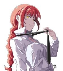 Rule 34 | 1girl, adjusting clothes, adjusting necktie, artist logo, automatic giraffe, black necktie, braid, braided ponytail, chainsaw man, collared shirt, dated, highres, long sleeves, looking at viewer, makima (chainsaw man), necktie, partially unbuttoned, red hair, ringed eyes, shirt, sidelocks, simple background, smile, upper body, white background, white shirt, yellow eyes