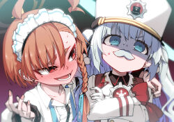 Rule 34 | 2girls, ahoge, blue archive, blue eyes, blush, cherino (blue archive), crossed arms, facial hair, hair between eyes, hand on another&#039;s shoulder, hat, highres, hitotose rin, long sleeves, looking at another, maid headdress, mole, mole under eye, multiple girls, mustache, neru (blue archive), nose blush, open mouth, orange hair, red eyes, revision, smile, white hair