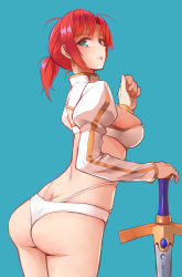 Rule 34 | 1girl, ass, bikini, blue background, blue eyes, boudica (fate), breasts, butt crack, clenched hand, commentary, den (kur0 yuki), earrings, fate/grand order, fate (series), jewelry, large breasts, looking back, red hair, short hair, short ponytail, shrug (clothing), sidelocks, simple background, solo, swimsuit, sword, weapon, white bikini