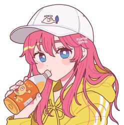 Rule 34 | 1girl, artist name, blue eyes, bottle, bright pupils, drinking, emma (kumaema), highres, holding, holding bottle, hood, hoodie, long hair, long sleeves, looking at viewer, original, pink hair, print headwear, simple background, solo, white background, white headwear, white pupils, yellow hoodie