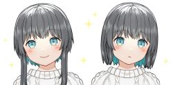 Rule 34 | 1girl, aran sweater, black hair, blue eyes, blue hair, blush, cable knit, closed mouth, commentary, kurata rine, looking at viewer, multicolored hair, multiple views, original, portrait, simple background, smile, sparkle, sweater, symbol-only commentary, two-tone hair, virtual youtuber, white background, white sweater