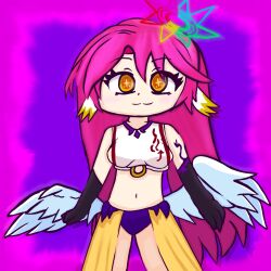 Rule 34 | 1girl, angel, angel wings, animal ears, arm tattoo, bird ears, closed mouth, elbow gloves, gloves, halo, highres, jibril (no game no life), kerubin art, long hair, no game no life, pink hair, smile, solo, symbol-shaped pupils, tattoo, very long hair, wing ears, wings, yellow eyes