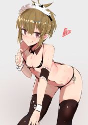 Rule 34 | androgynous, armband, ass, bent over, bikini, black bikini, brown hair, butt crack, detached collar, flat chest, gender request, highres, licking lips, maid headdress, micro bikini, muoto, original, short hair, solo, swimsuit, thighhighs, tongue, tongue out, wide hips, wrist cuffs