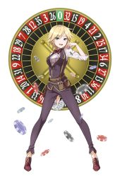 Rule 34 | 1girl, :d, belt pouch, black pants, blonde hair, blue eyes, bow, bowtie, card, dizzy durand, full body, hand up, highres, holding, holding card, looking at viewer, official art, open mouth, pants, playing card, poker chip, princess principal, princess principal game of mission, roulette, short hair, smile, solo, standing, transparent background