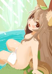 Rule 34 | 1girl, animal ear fluff, animal ears, blush, breasts, brown eyes, brown hair, fang, forest, fox ears, fox tail, grass, hair censor, hair over breasts, leaf, leaf on head, leaning back, long hair, looking at viewer, mofuaki, nature, open mouth, original, sitting, small breasts, solo, tail, topless, towel, water