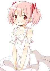 Rule 34 | 10s, 1girl, bare shoulders, blush, dress, hair ribbon, highres, kaname madoka, looking at viewer, mahou shoujo madoka magica, mahou shoujo madoka magica (anime), pink eyes, pink hair, red ribbon, ribbon, short hair, short twintails, simple background, sleeveless, sleeveless dress, smile, solo, sundress, tsubaki (tatajd), twintails, two side up, white background, wristband