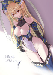 Rule 34 | 1girl, protagonist (pso2), black gloves, black leotard, blonde hair, blue headwear, blue thighhighs, breast curtains, breasts, cleavage cutout, closed mouth, clothing cutout, commission, covered navel, elbow gloves, english text, feet out of frame, fingerless gloves, gloves, gold trim, hair between eyes, halter leotard, halterneck, highleg, highleg leotard, highres, kokuusinsin, large breasts, leotard, long hair, numako (pizza kanon), original, phantasy star, phantasy star online 2, pointy ears, red eyes, second-party source, sidelocks, signature, skeb commission, smile, solo, tassel, thighhighs, two-tone leotard, two side up, white leotard