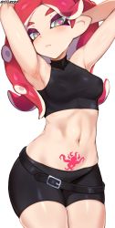 Rule 34 | 1girl, :&lt;, armpits, arms in hair, bare shoulders, bike shorts, black shirt, black shorts, blouse, breasts, cephalopod eyes, commentary request, covered erect nipples, cowboy shot, eyes visible through hair, green eyes, half-closed eyes, halterneck, head tilt, highres, jtveemo, long hair, looking at viewer, mask, medium breasts, navel, nintendo, pointy ears, pubic tattoo, purple eyes, red hair, shirt, short shorts, shorts, simple background, solo, splatoon (series), standing, stomach tattoo, takozonesu, tattoo, tentacle hair, white background