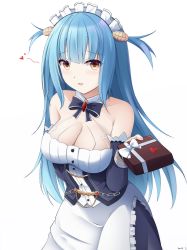 Rule 34 | 1girl, :d, azur lane, bare shoulders, blue bow, blue dress, blue hair, blue sleeves, blush, bow, box, breasts, buttons, clam, clam shell, cleavage, collarbone, commentary, commission, cowboy shot, detached collar, detached sleeves, dress, frilled dress, frills, gift, gift box, hair ornament, heart, highres, holding, holding gift, incoming gift, keenh, large breasts, long hair, looking at viewer, maid, maid headdress, neptune (azur lane), open mouth, shell hair ornament, sidelocks, signature, simple background, sleeveless, sleeveless dress, smile, solo, standing, two side up, white background, yellow eyes