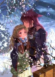 Rule 34 | 2girls, age difference, animal ears, arm around neck, bad id, bad twitter id, blush, breath, brown hair, closed eyes, fur trim, gloves, hachi kou, itou hachi, jacket, layered clothes, long hair, luggage, multiple girls, onee-loli, original, purple eyes, scarf, snow, stairs, standing, tree, yuri