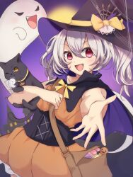 Rule 34 | 1girl, animal, bag, black cat, blush, bow, candy, cape, cat, corset, dress, fang, food, ghost, grey hair, halloween, hat, hat bow, highres, holding, holding animal, lollipop, long hair, looking at viewer, open mouth, original, rageno0000, reaching, reaching towards viewer, shoulder bag, smile, solo, twintails, witch, witch hat