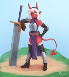 Rule 34 | 1girl, armor, artist name, bare shoulders, belt, blush, boots, breasts, brown belt, colored skin, commentary, demon girl, demon horns, demon tail, elbow gloves, english commentary, gloves, hair between eyes, hand on own hip, highres, horns, li (rob ishi), looking at viewer, oni, original, planted, planted sword, planted weapon, pointy ears, red skin, rob ishi, shiny skin, short hair, smile, solo, sword, tail, weapon, white hair