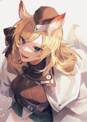 Rule 34 | 1girl, animal ears, arknights, armor, belt, black belt, black hat, black shorts, black sweater, blonde hair, blue eyes, breasts, chinese commentary, cloak, commentary, cowboy shot, english commentary, fang, garrison cap, grey background, hat, highres, horse ears, horse tail, kingdom of kazimierz logo, leaning forward, long hair, looking at viewer, medium breasts, mixed-language commentary, open mouth, parted bangs, pelvic curtain, ribbed sweater, ryat, short shorts, shorts, simple background, smile, solo, sunlight, sweater, symbol-only commentary, tail, thick eyebrows, thighs, turtleneck, turtleneck sweater, whislash (arknights), white cloak