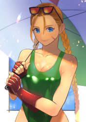 Rule 34 | 1girl, absurdres, adapted costume, antenna hair, black-framed eyewear, blonde hair, blue eyes, braid, breasts, cammy white, capcom, cleavage, commentary request, curvy, eyewear on head, facial scar, fingerless gloves, forehead, gloves, green one-piece swimsuit, hara kenshi, highleg, highleg swimsuit, highres, lips, long braid, long hair, looking at viewer, medium breasts, one-piece swimsuit, parasol, red-tinted eyewear, red gloves, scar, scar on cheek, scar on face, shiny skin, smile, solo, street fighter, street fighter ii (series), sunglasses, swimsuit, tinted eyewear, twin braids, umbrella, wide hips