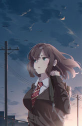 Rule 34 | 1girl, absurdres, backlighting, backpack, bag, basil (st 1), bird, blush, breasts, brown cardigan, brown hair, cardigan, chromatic aberration, cloud, collared shirt, commentary request, film grain, green eyes, grey sky, highres, large breasts, long hair, long sleeves, looking afar, looking away, morning, necktie, original, outdoors, parted lips, red necktie, school uniform, shirt, sidelocks, sky, solo, striped necktie, striped neckwear, twilight, upper body, utility pole, white shirt