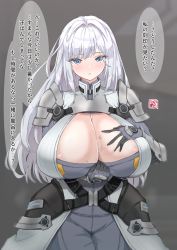 Rule 34 | 1girl, armor, bea (bropmlk), blue eyes, breast tattoo, breasts, cleavage, ethel (xenoblade), highres, huge breasts, long hair, shoulder armor, solo, speech bubble, tattoo, translation request, very long hair, white hair, xenoblade chronicles (series), xenoblade chronicles 3