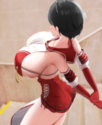 Rule 34 | 1girl, absurdres, arms behind back, black hair, blue archive, breasts, cleavage, crop top, crop top overhang, elbow gloves, from above, from behind, from side, gloves, highres, hip vent, huge breasts, indoors, miniskirt, nicorima, pelvic curtain, red gloves, red skirt, revealing clothes, sailor collar, short hair, sideboob, skindentation, skirt, solo, stairs, tassel, thighs, tsubaki (blue archive)