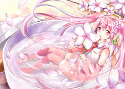 Rule 34 | 1girl, ahoge, cherry blossoms, cup, detached sleeves, flower, hair flower, hair ornament, hatsune miku, holding, holding flower, long hair, looking at viewer, necktie, partially submerged, petals, pink eyes, pink hair, sakura miku, solo, tailam, teacup, thighhighs, twintails, vocaloid, water, zettai ryouiki