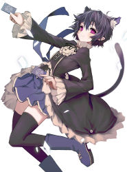Rule 34 | 1girl, animal ears, black hair, black thighhighs, boots, card, cat ears, cat tail, extra ears, long sleeves, original, pixiv fantasia, pixiv fantasia t, purple eyes, purple thighhighs, short hair, skirt, smile, solo, tail, tailcoat, thighhighs, vest, wide sleeves, zen33n, zettai ryouiki