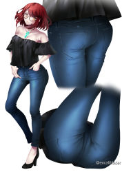 Rule 34 | 1girl, ahoge, alternate costume, ass, bare shoulders, blush, breasts, casual, denim, excaliblader, from behind, glasses, jeans, looking at viewer, multiple views, off-shoulder shirt, off shoulder, orange eyes, pants, pyra (xenoblade), red hair, shiny clothes, shiny skin, shirt, short hair, skin tight, smile, xenoblade chronicles (series), xenoblade chronicles 2